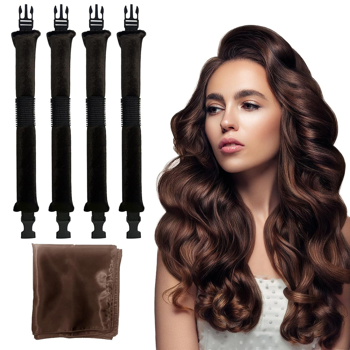 Transform Your Look with Our Velvet Heatless Hair Curler Set - Effortless Curls Overnight, 4 Pcs in Brown!
