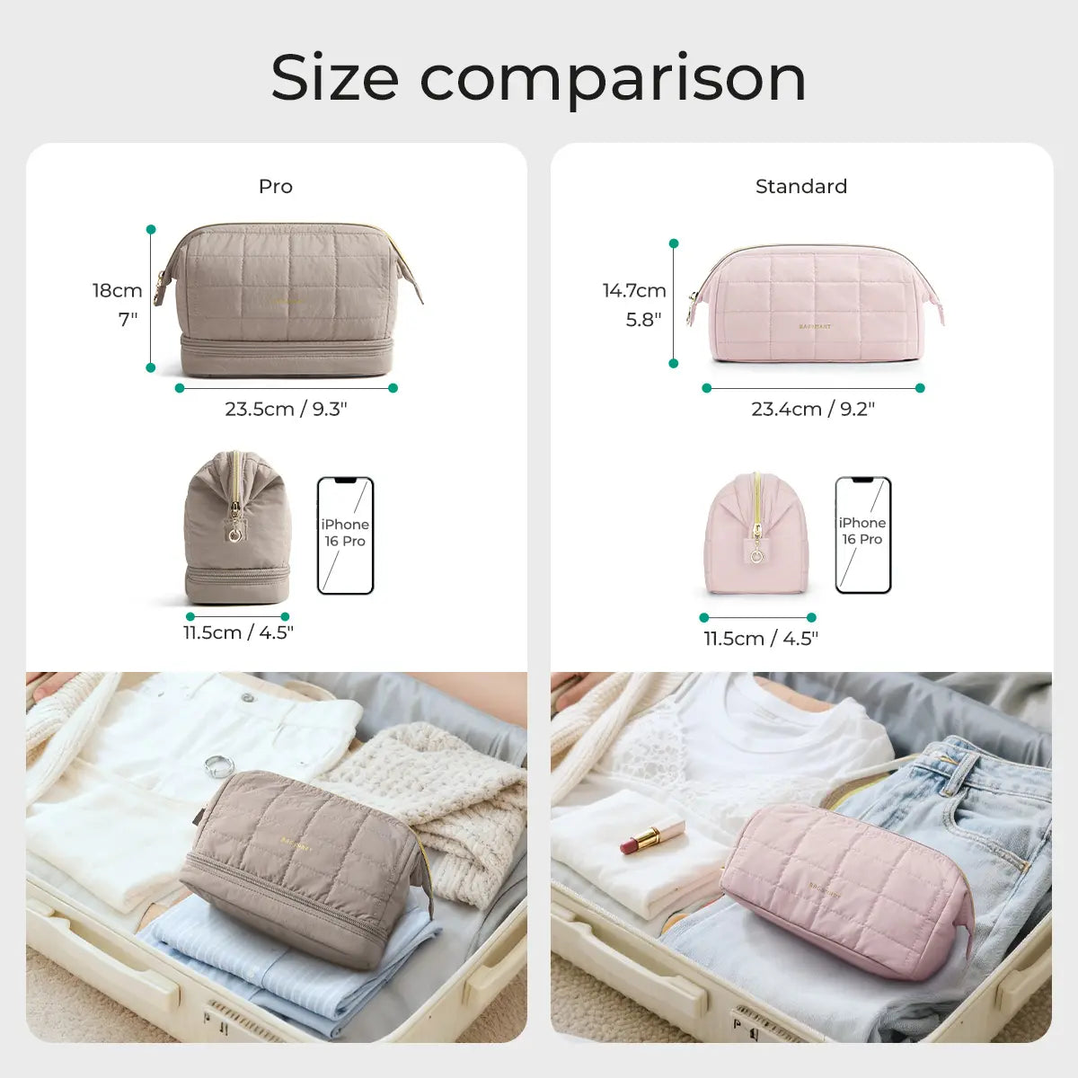 BAGSMART 2 Size Makeup Bag, Puffy Padded Travel Cosmetic Organizer for Women, Wide-Open Makeup Case for Toiletries, Accessories, and Brushes Sohochic