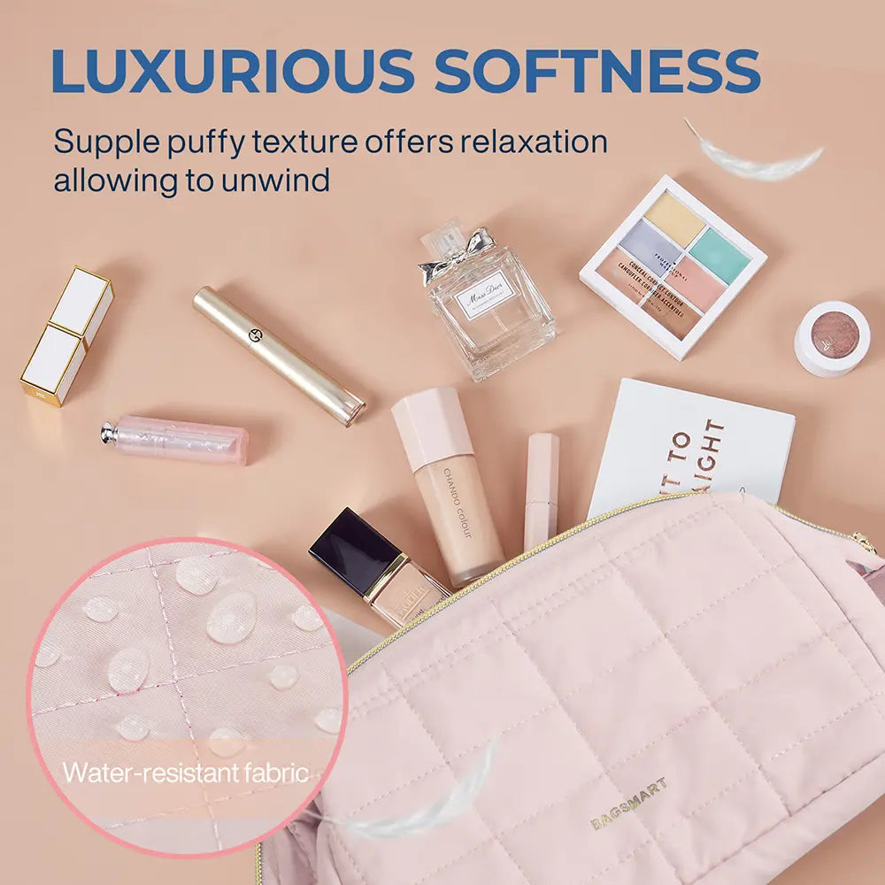 BAGSMART 2 Size Makeup Bag, Puffy Padded Travel Cosmetic Organizer for Women, Wide-Open Makeup Case for Toiletries, Accessories, and Brushes Sohochic