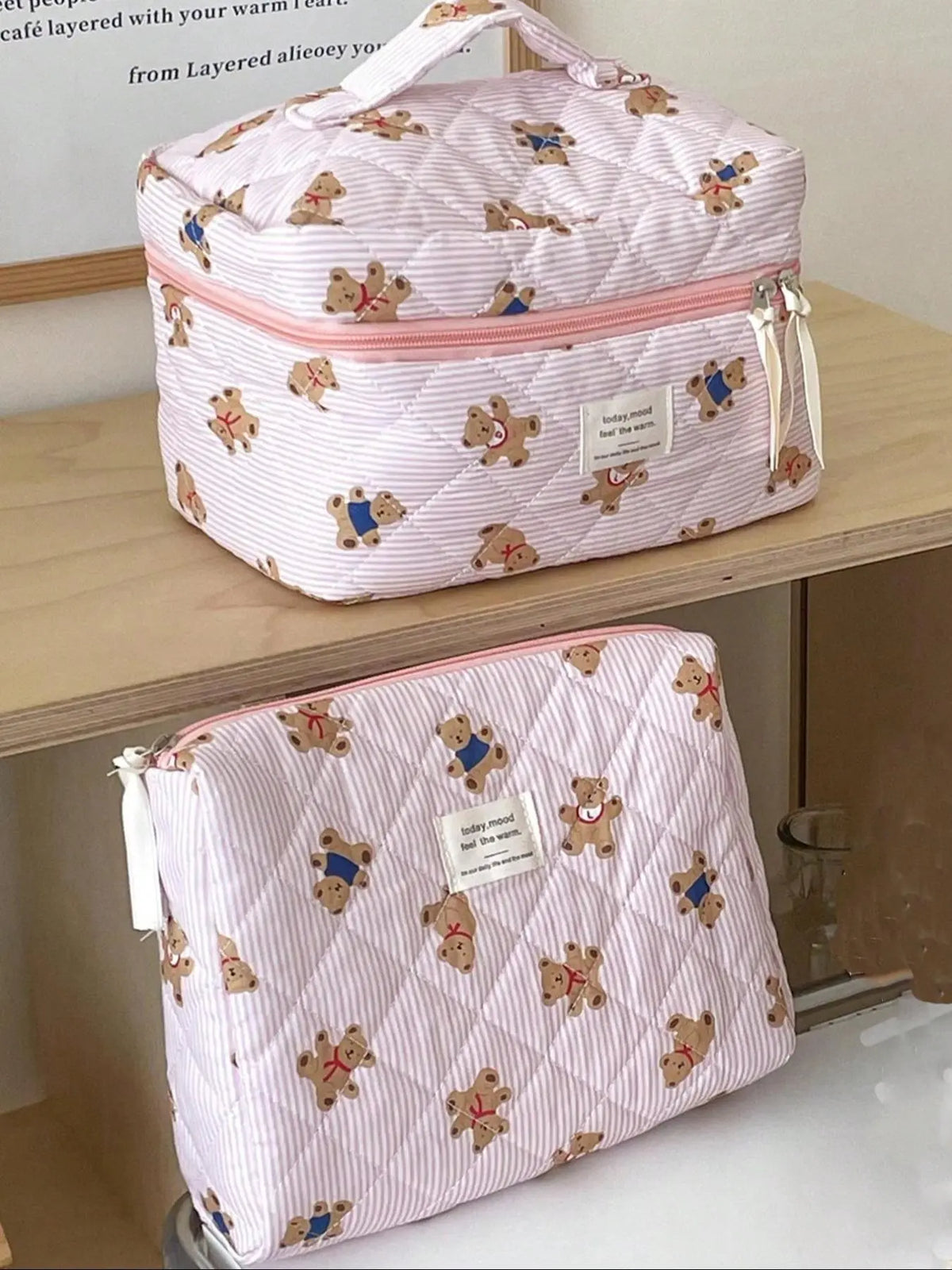 Versatile Bear Design Quilted Cosmetic Bag for Travel & Daily Use, Portable Cosmetic Bag, Large Capacity Makeup Organizer Pouch, Women'S Stylish Accessory, Makeup Bags