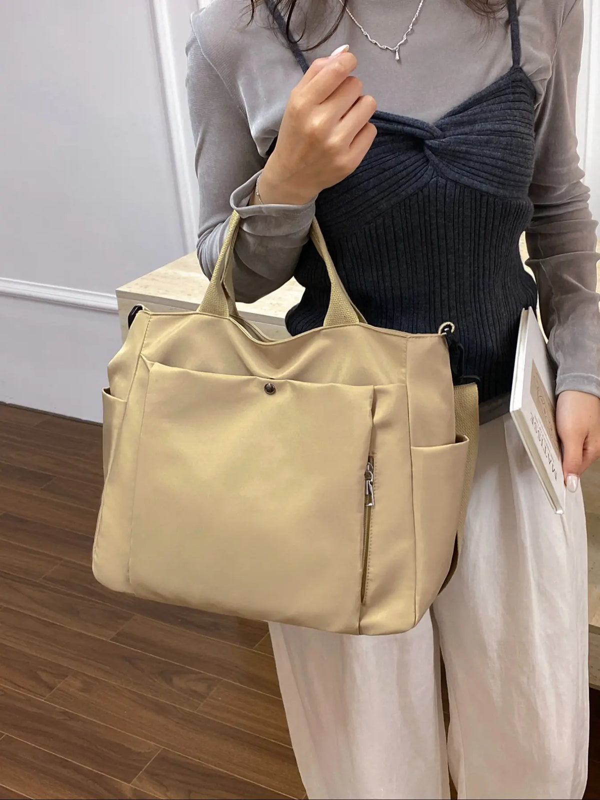 Women'S Solid Color Tote Bag, Fashionable Large Capacity Shoulder Bag for Work & Daily Used, Casual Trendy Versatile High-Quality Daily Commuting Bag