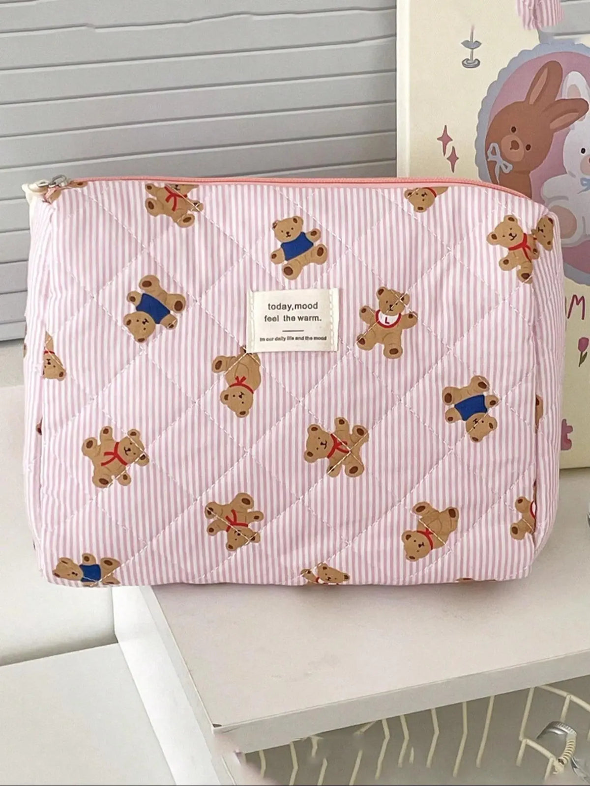 Versatile Bear Design Quilted Cosmetic Bag for Travel & Daily Use, Portable Cosmetic Bag, Large Capacity Makeup Organizer Pouch, Women'S Stylish Accessory, Makeup Bags